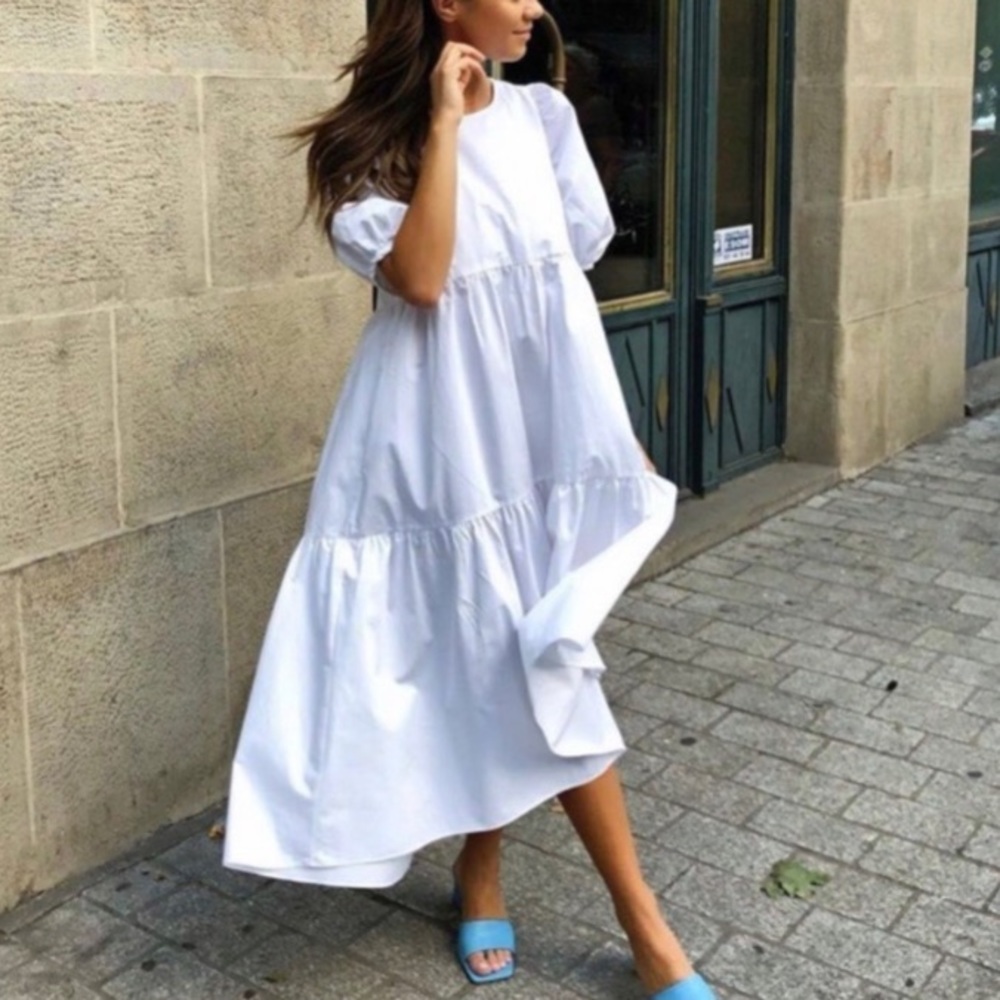 NWT Zara Puff Sleeve Voluminous White Poplin Dress